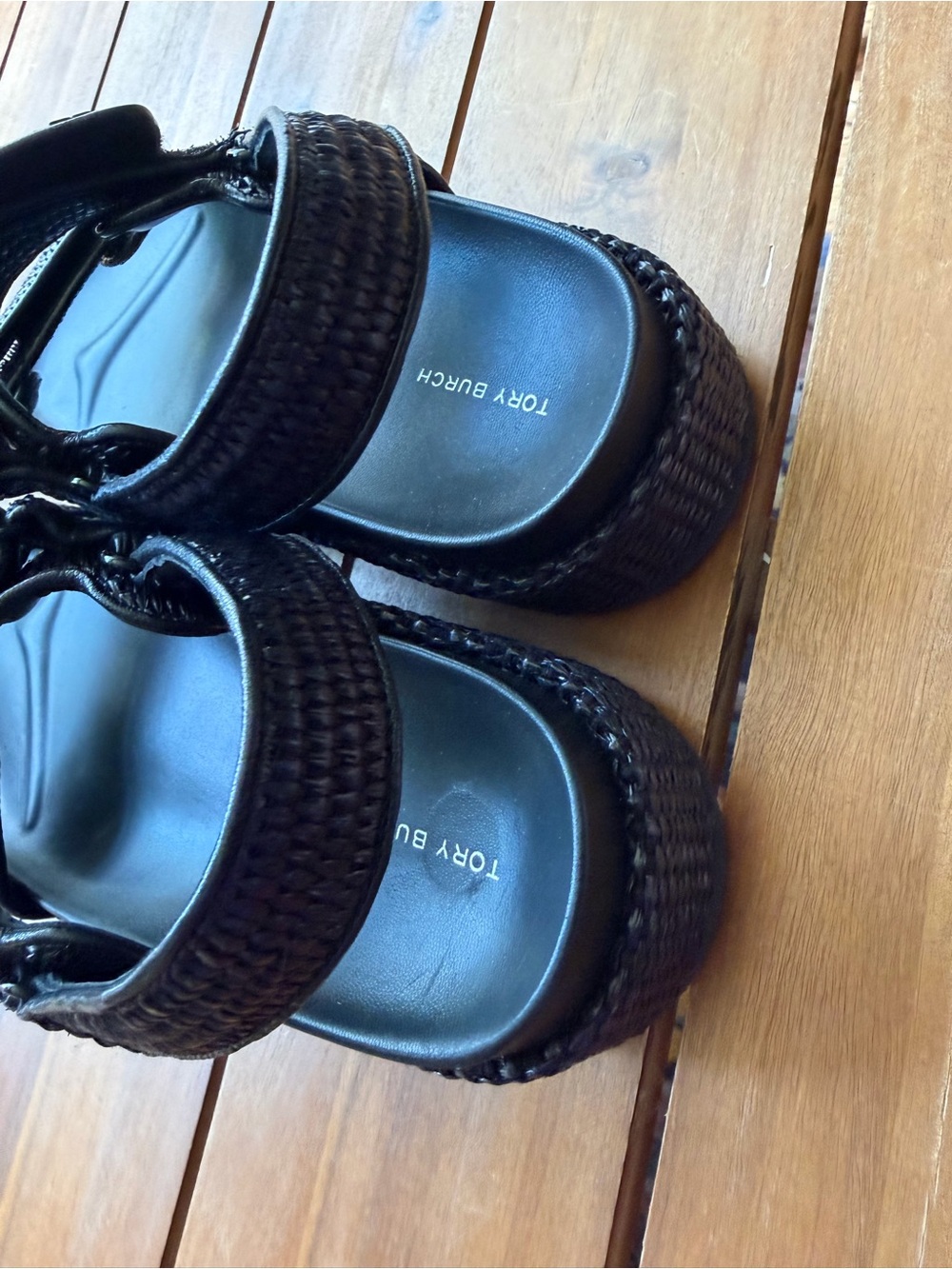 Like New Tory Burch Black Raffia Platform Sandals with Logo Detail Size 9 - Picture 4 of 6